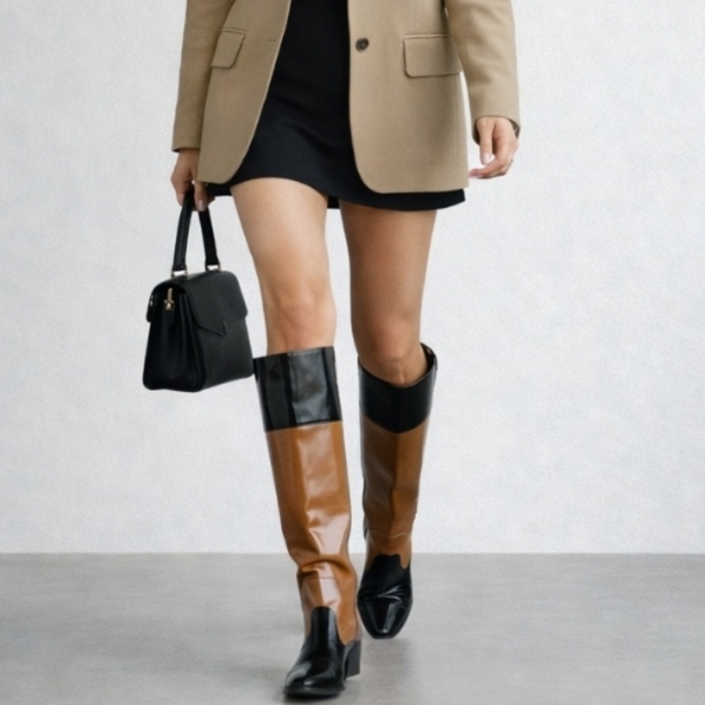 Derek Lam Italy Two Tone Patent Leather Knee High Boots Black Brown Pointed Toe - Picture 3 of 9